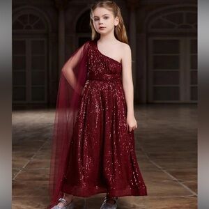 Girls' One Shoulder Draped Side Sequin dress